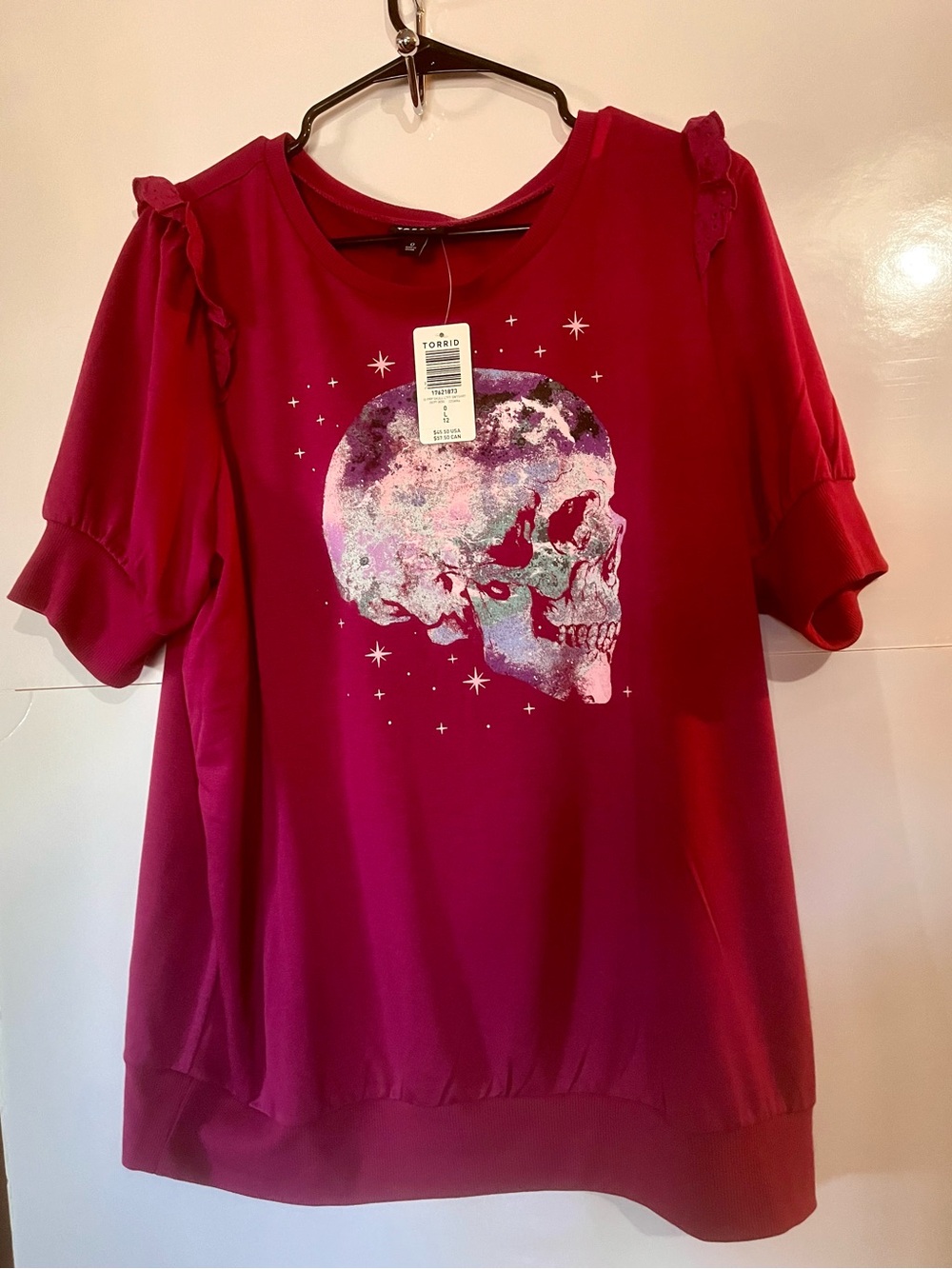 torrid Magenta Short-Sleeve Skull Graphic Ruffle Top